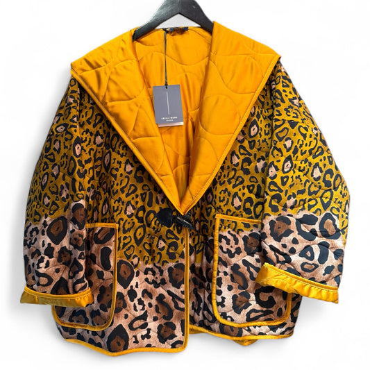 Cecile Wang Mustard Leopard Print Quilted Jacket with Hood