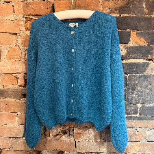 Made In Italy Crewneck Cardigan in Teal