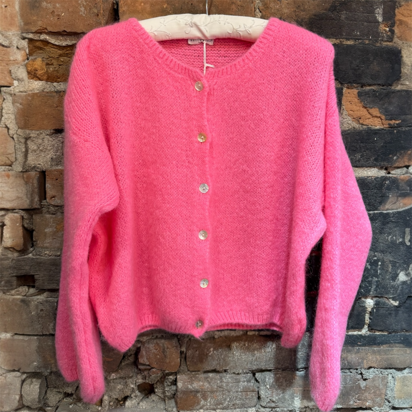 Made In Italy Crewneck Cardigan in Barbie Pink