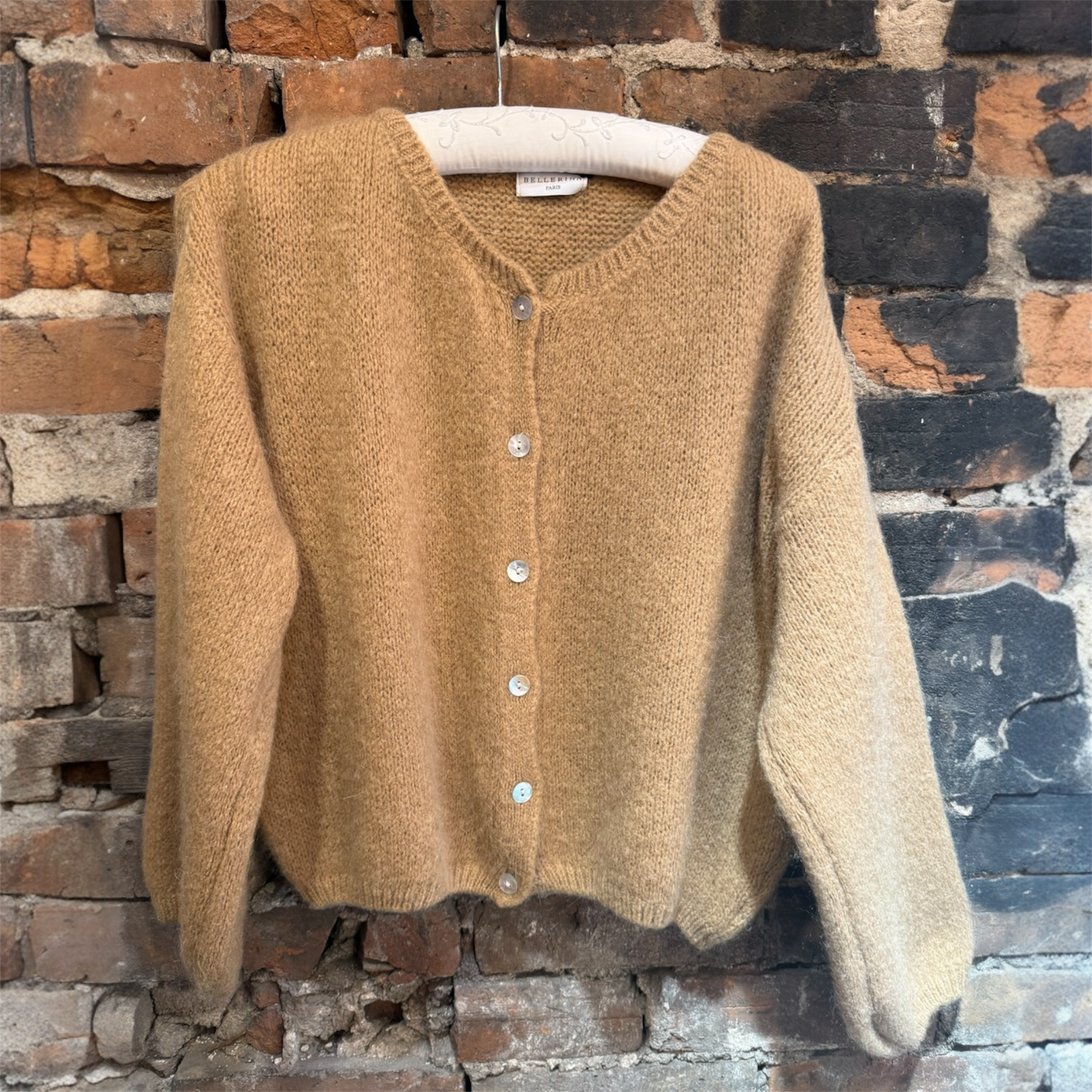 Made In Italy Crewneck Cardigan in Camel