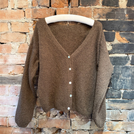Made in Italy V-Neck Mohair Cardigan in Mocha