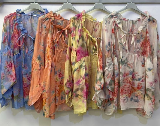 Italian collcetion Vintage Floral Flouncy Sleeve Blouse