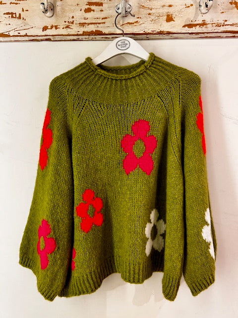 Italian collection retro shaped flare sleeve jumper - green
