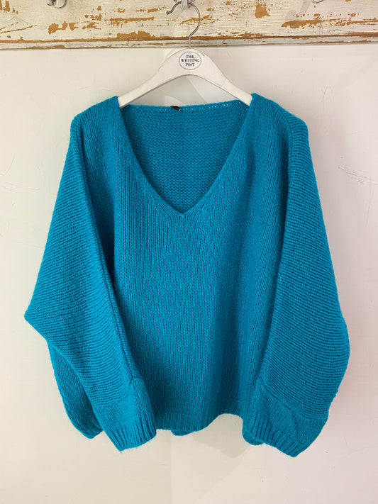 Italian collection mohair v-neck jumper -Turquoise