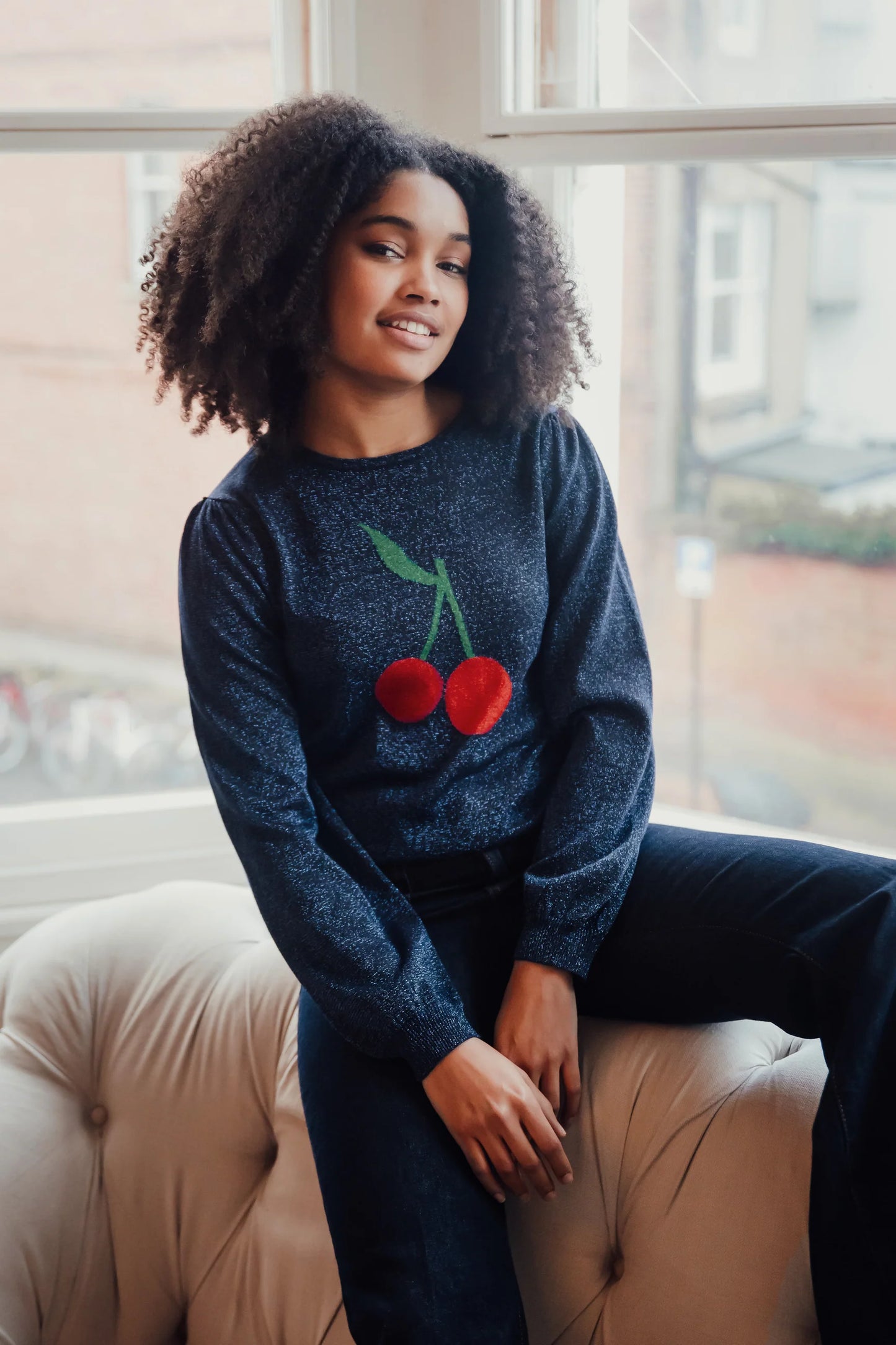 Sugarhill Tiff jumper - navy cherry motif