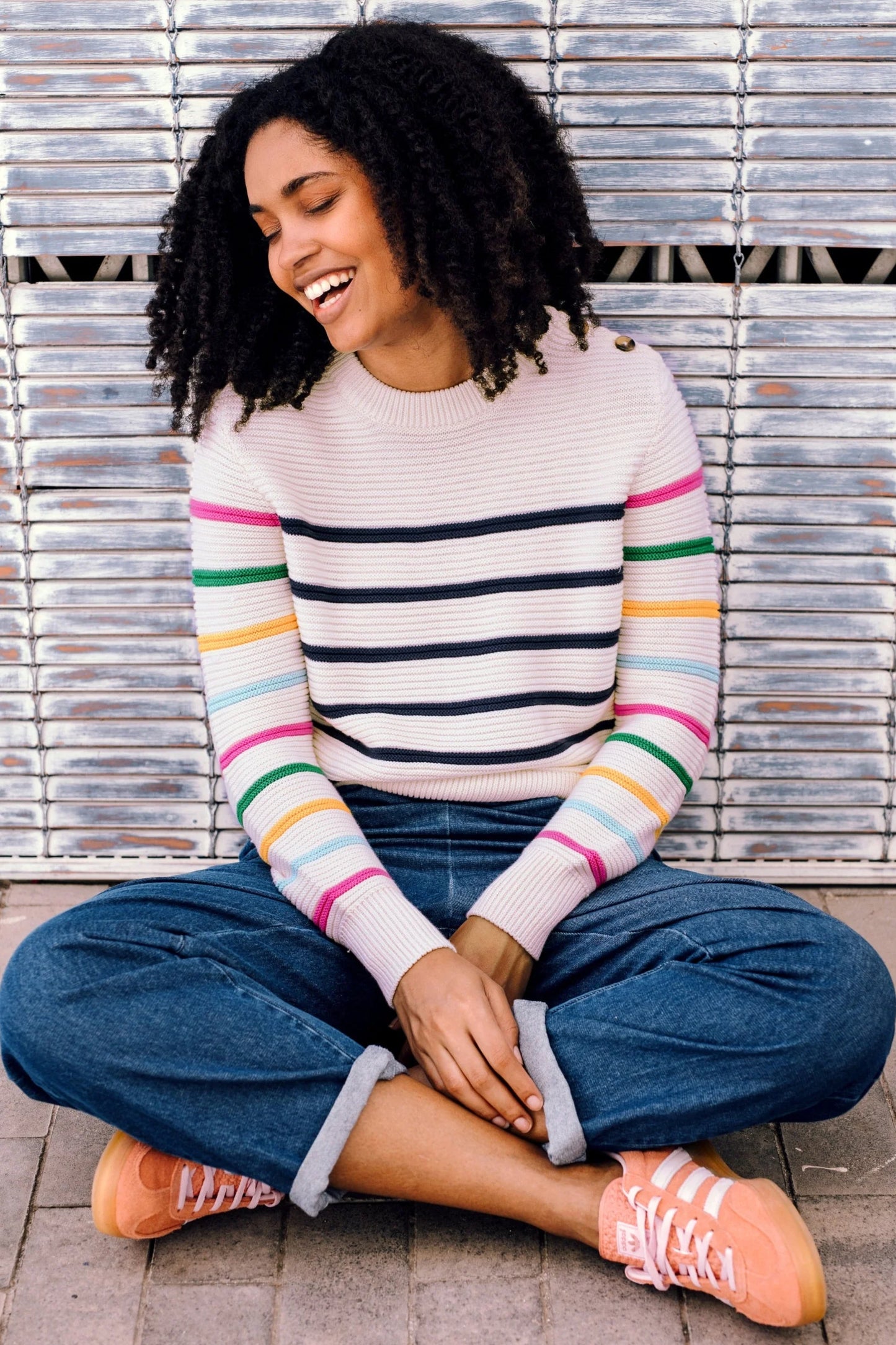 Sugarhill Rebecca Jumper - off white /navy rainbow sleeves