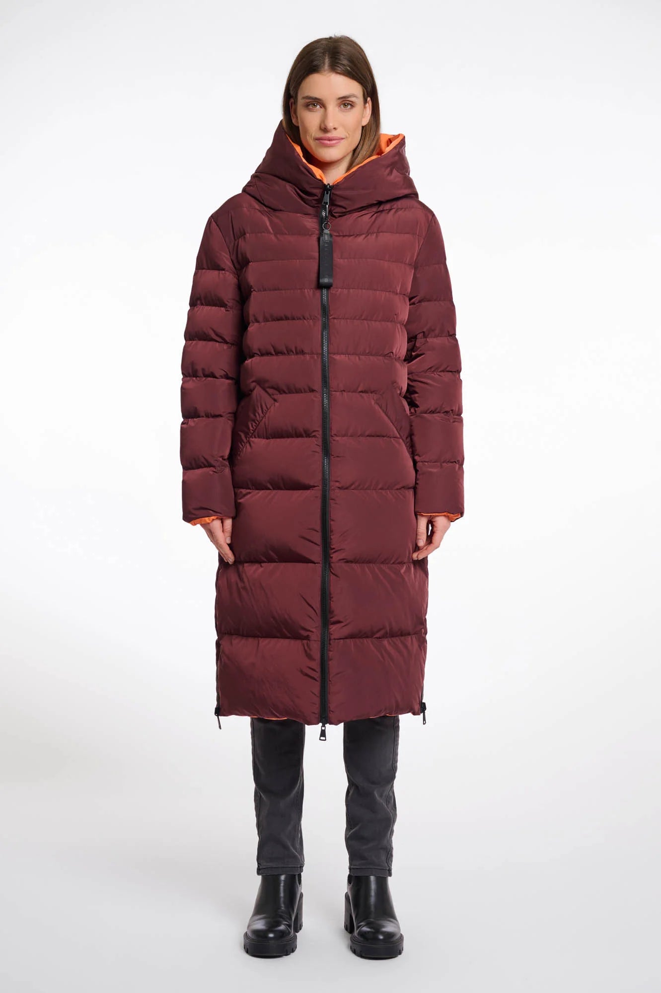 Rino & Pelle Keila Reversable long hooded coat chochlate bean/orange