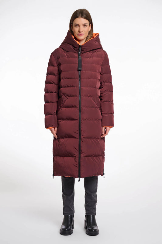 Rino & Pelle Keila Reversable long hooded coat chochlate bean/orange