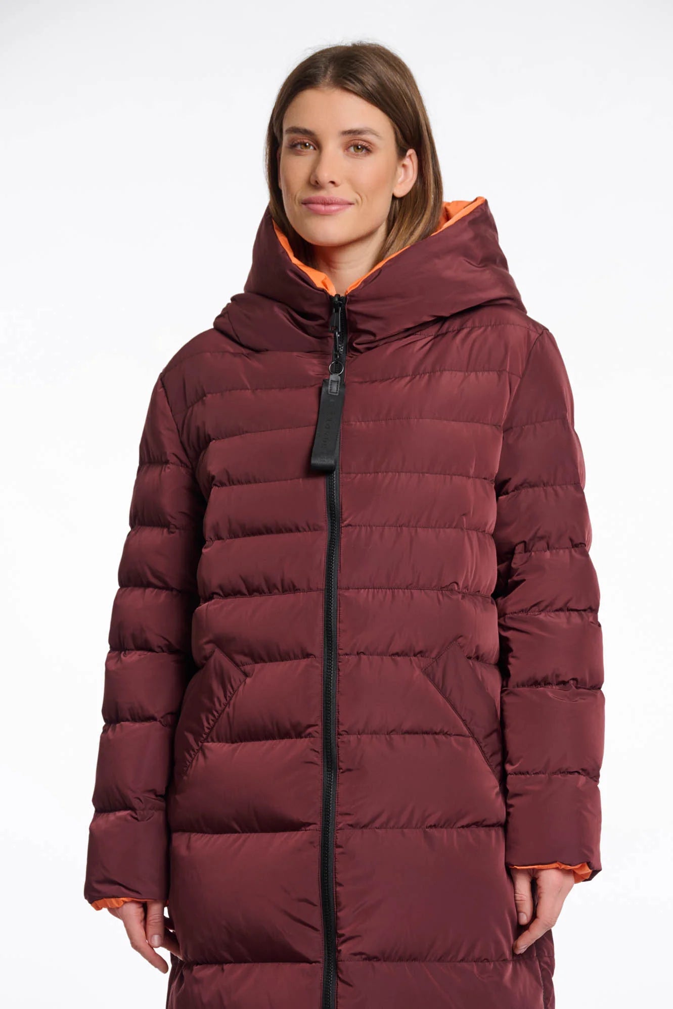 Rino & Pelle Keila Reversable long hooded coat chochlate bean/orange