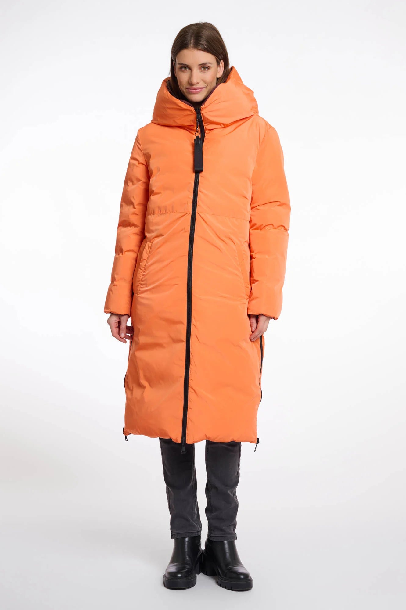 Rino & Pelle Keila Reversable long hooded coat chochlate bean/orange