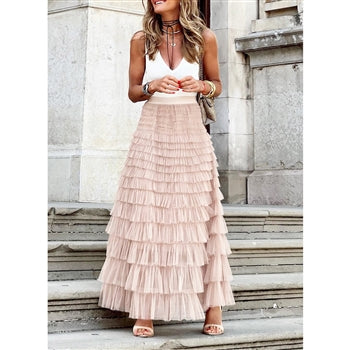 Last true angel maxi tiered frilled skirt in dusky pink
