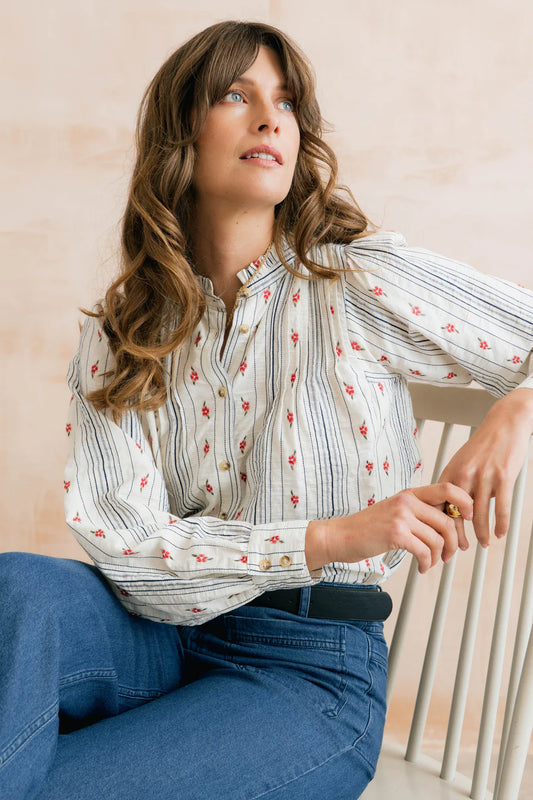 Lily and me Flora Embroidered Stripe Blouse Ecru