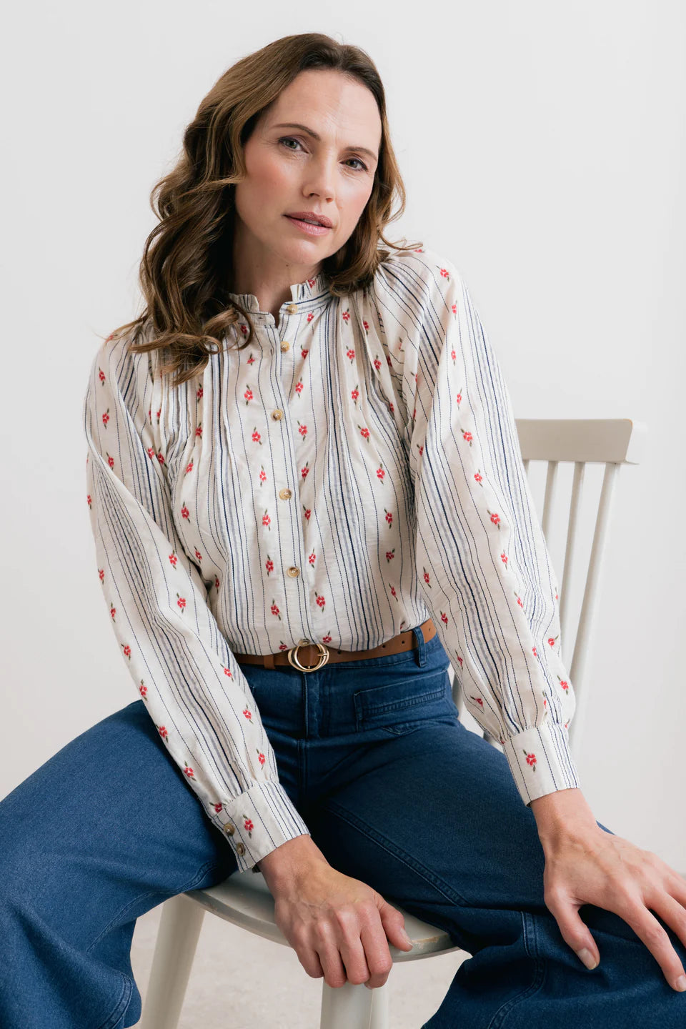 Lily and me Flora Embroidered Stripe Blouse Ecru