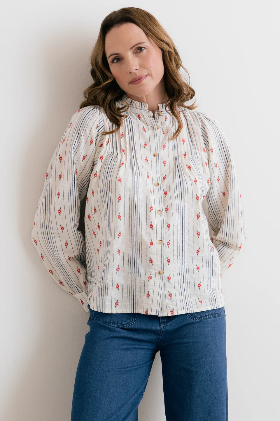 Lily and me Flora Embroidered Stripe Blouse Ecru