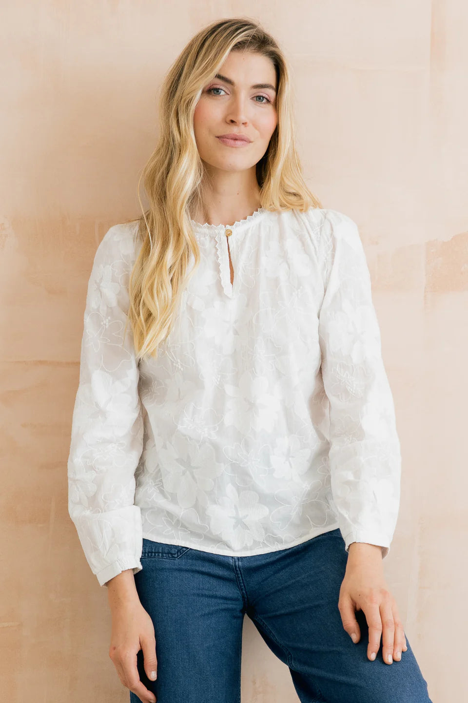 Lily & Me Emily Embroidered Cotton Keyhole Blouse White