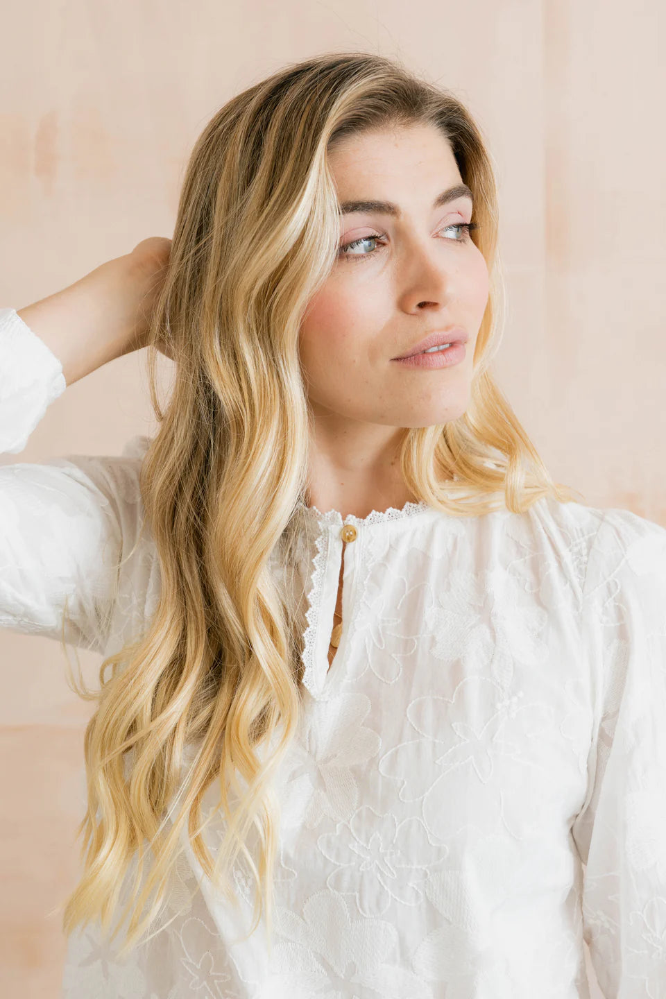 Lily & Me Emily Embroidered Cotton Keyhole Blouse White