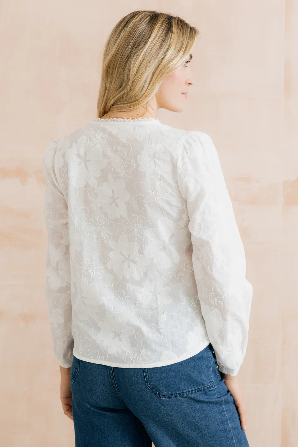 Lily & Me Emily Embroidered Cotton Keyhole Blouse White
