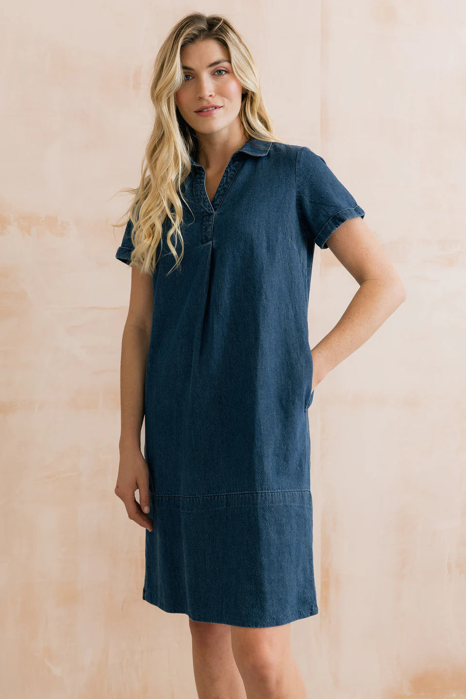 Lily & Me Lavender Short Sleeve Collared V-Neck Denim Dress