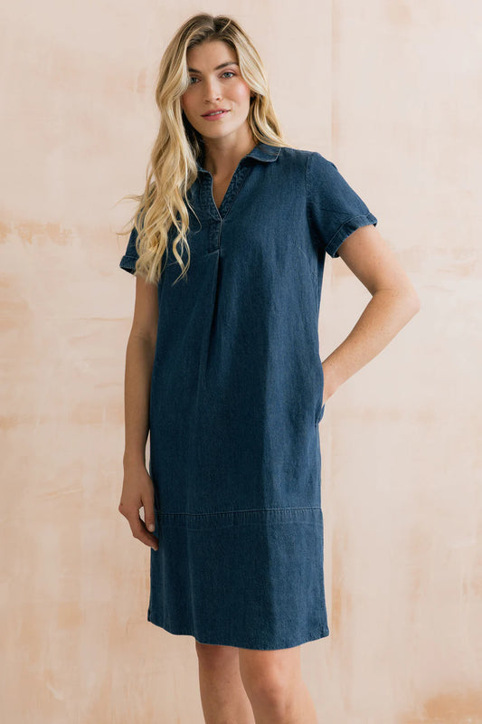 Lily & Me Lavender Short Sleeve Collared V-Neck Denim Dress