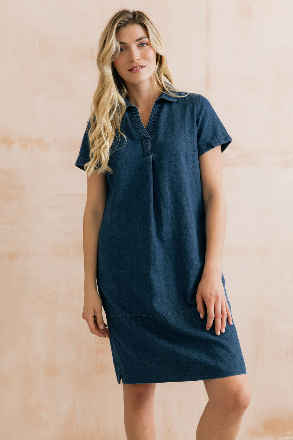 Lily & Me Lavender Short Sleeve Collared V-Neck Denim Dress