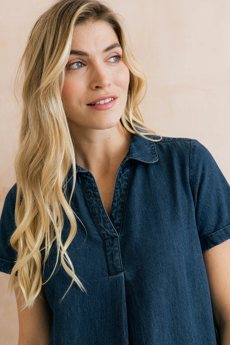 Lily & Me Lavender Short Sleeve Collared V-Neck Denim Dress