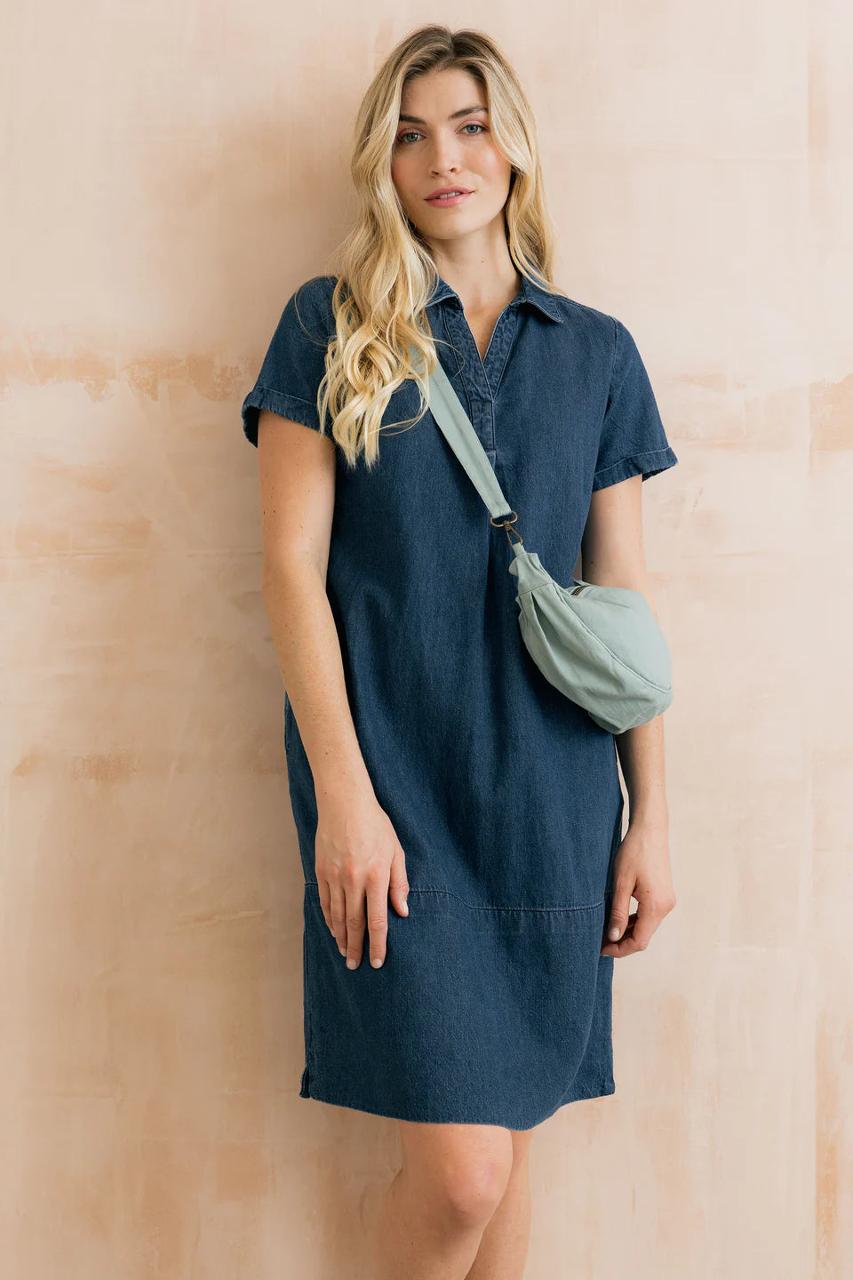 Lily & Me Lavender Short Sleeve Collared V-Neck Denim Dress