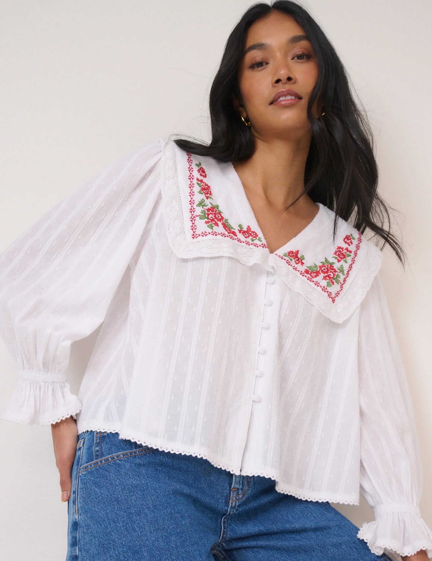 Nobody's Child White Floral Collar Embroidered Blouse