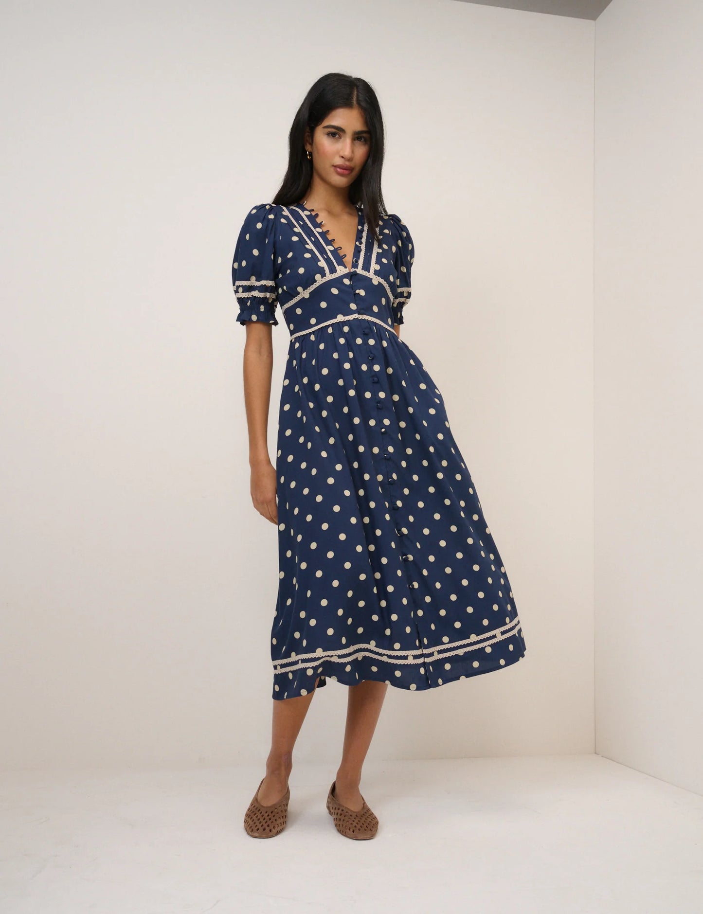 Nobody's Child Navy Polka Dot Saffy Midi Tea Dress