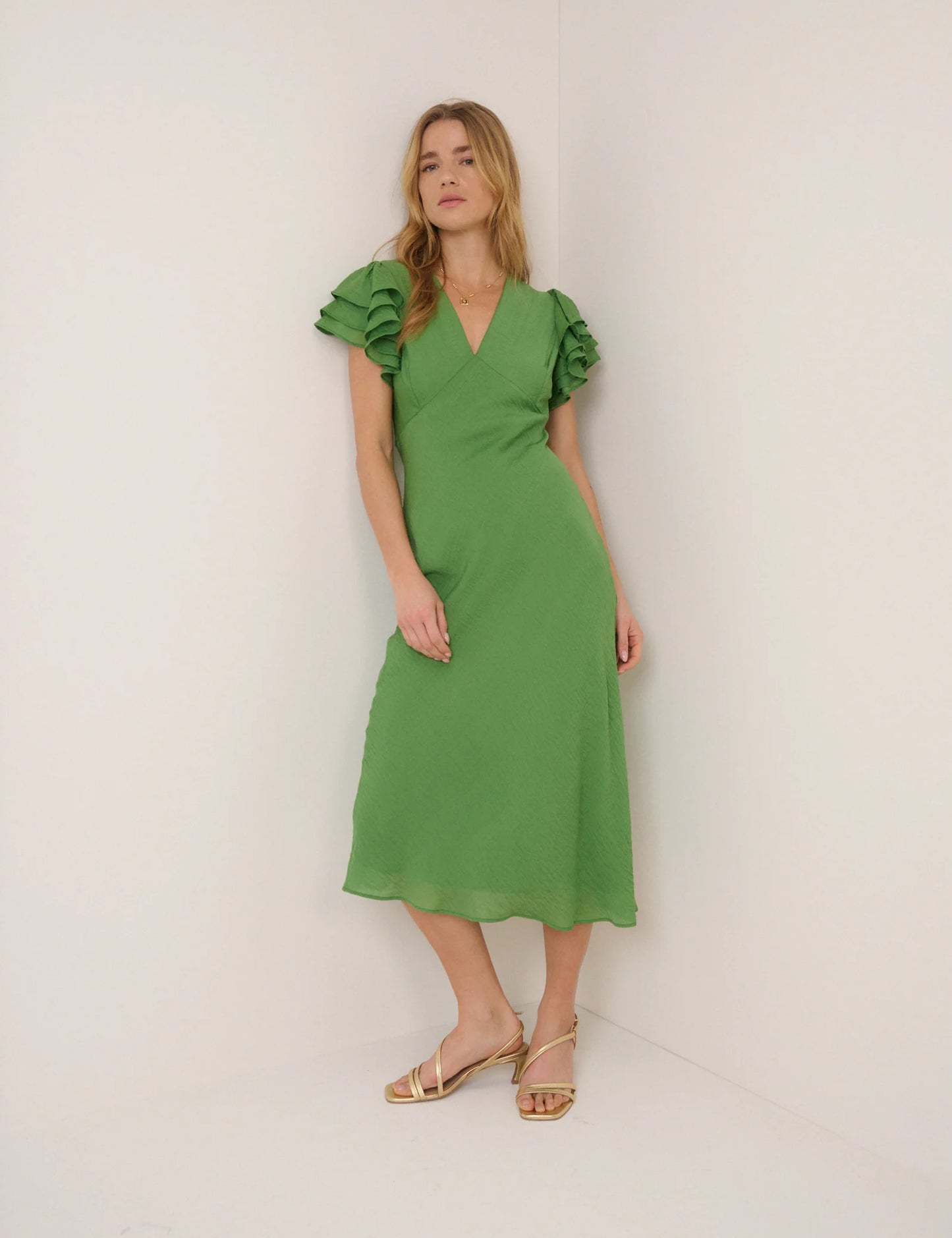 Nobody's Child Green Frill Sleeve Layla Midi Dress