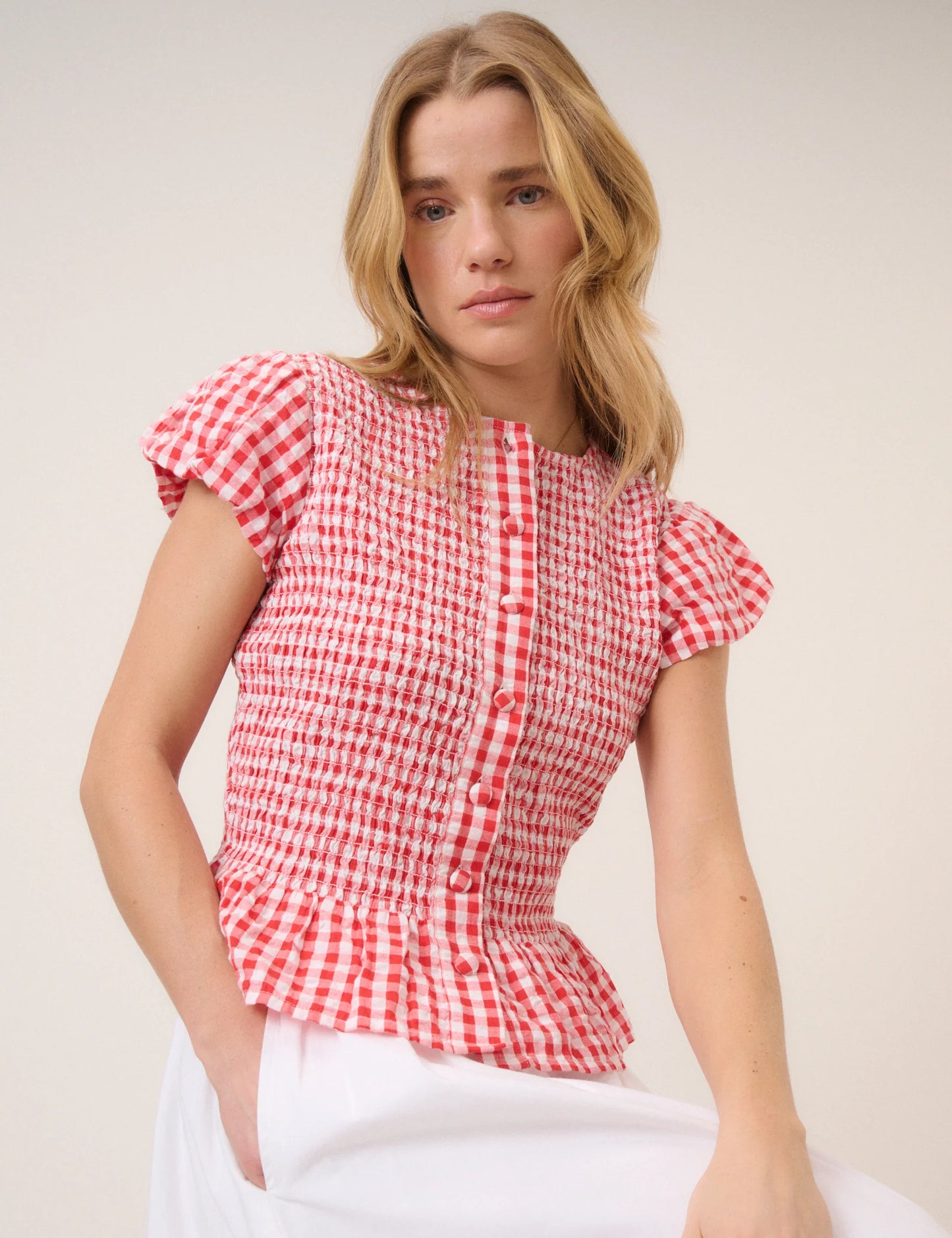 Nobody child Red Gingham Puff Sleeve Blouse