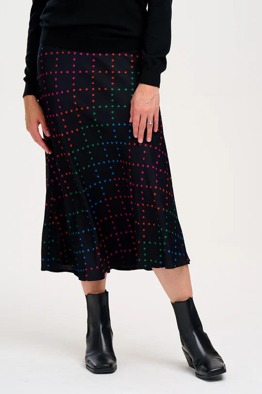 Sugarhill sta midi skirt - black rainbow star print