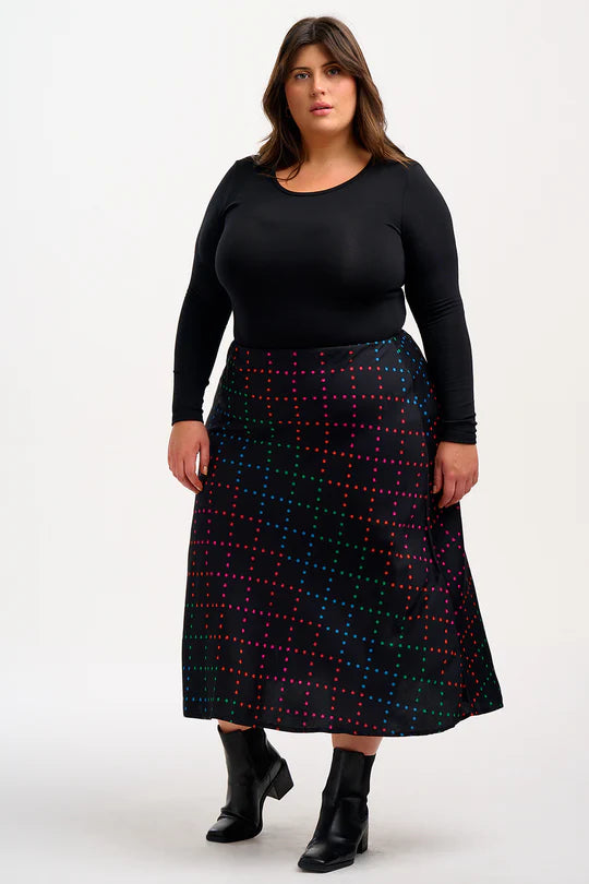 Sugarhill sta midi skirt - black rainbow star print