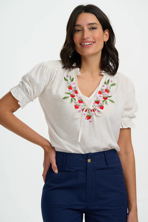 Sugarhill Angelique Shirred Top - Off White, Wild Strawberry