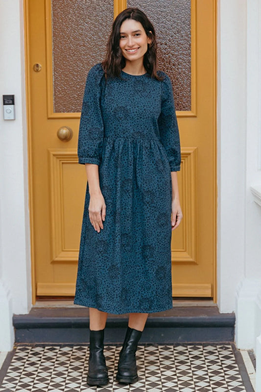Sugarhill Maria midi smock dress navy hidden tiger