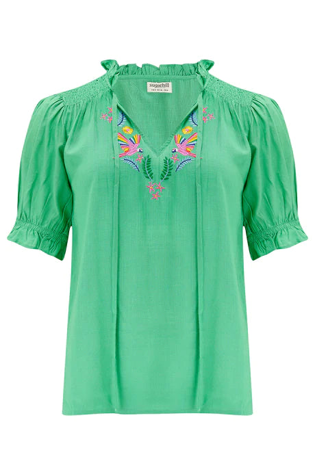 Sugarhill Angelique shirred top - Green rainbow parrots embroidery
