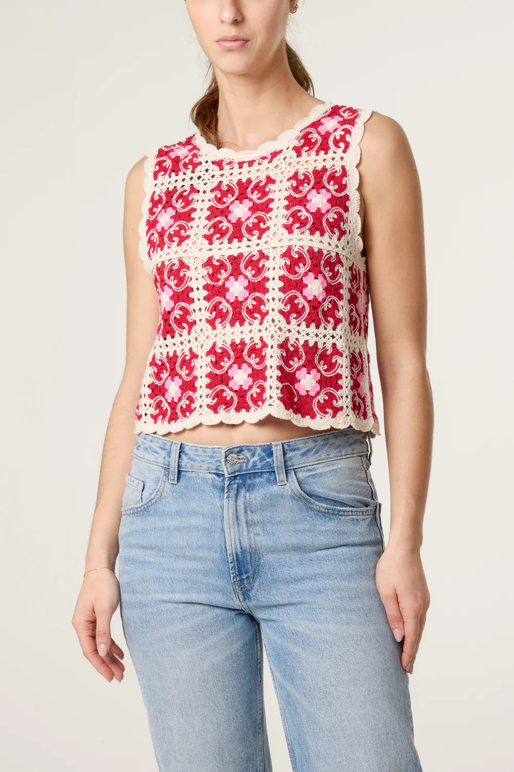 Nova Arabesque patchwork crochet vest top red