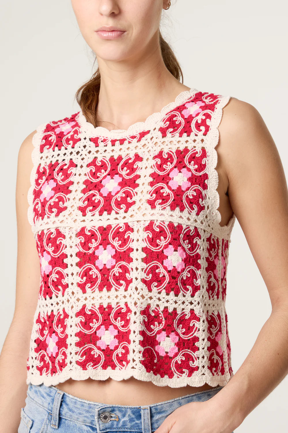 Nova Arabesque patchwork crochet vest top red