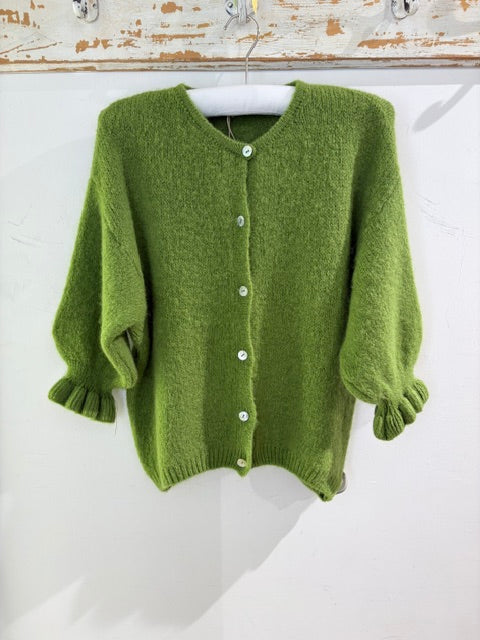 Marta Soft Knit Button Cardigan with Frill Cuffs Apple green