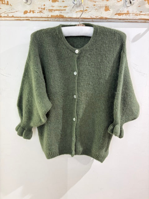 Marta Soft Knit Button Cardigan with Frill Cuffs Army
