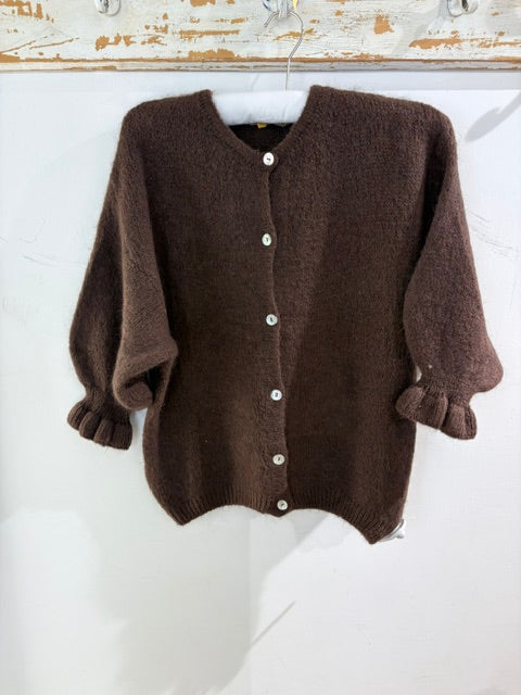 Marta Soft Knit Button Cardigan with Frill Cuffs chocolate