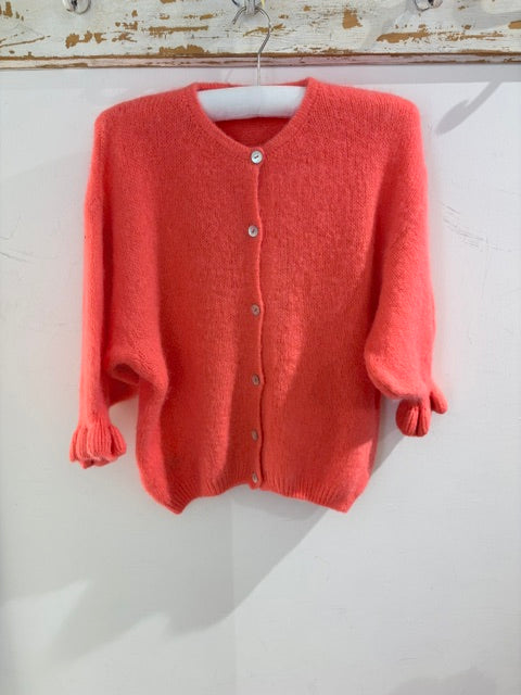 Marta Soft Knit Button Cardigan with Frill Cuffs coral