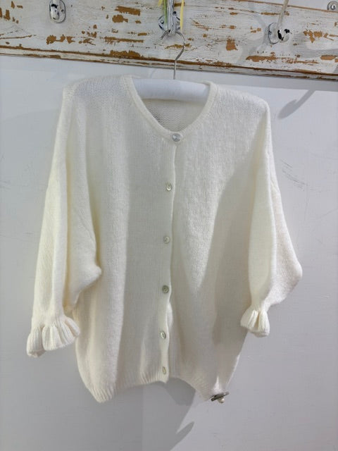 Marta Soft Knit Button Cardigan with Frill Cuffs white