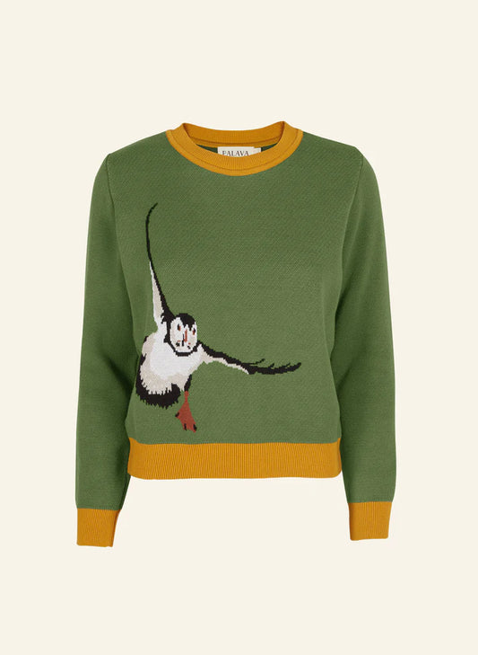 Palava Green & mustard puffin jumper