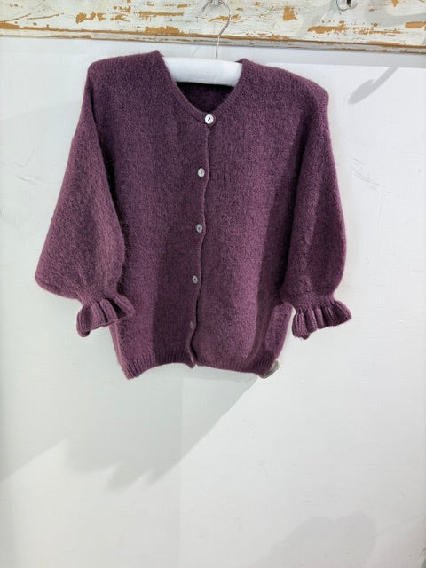 Marta Soft Knit Button Cardigan with Frill Cuffs Grape