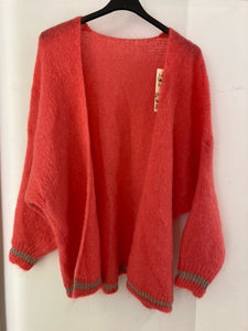 Italian Collection knitwear - Kid Mohair mix knitted Cardigan Lurex trim - Coral