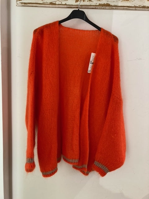 Italian Collection knitwear - Kid Mohair mix knitted Cardigan Lurex trim - Orange
