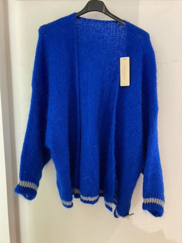 Italian Collection knitwear - Kid Mohair mix knitted Cardigan Lurex trim - Cobalt Blue