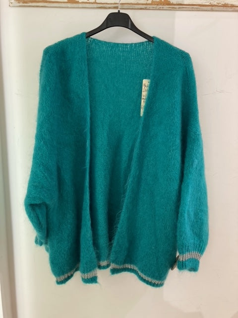 Kid Mohair mix knitted Cardigan Lurex trim - Emerald Green