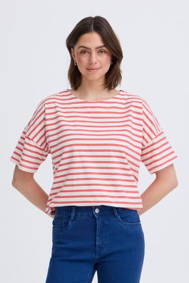 Fransa  HIBISCUS TWIN STRIPE - White Tshirt