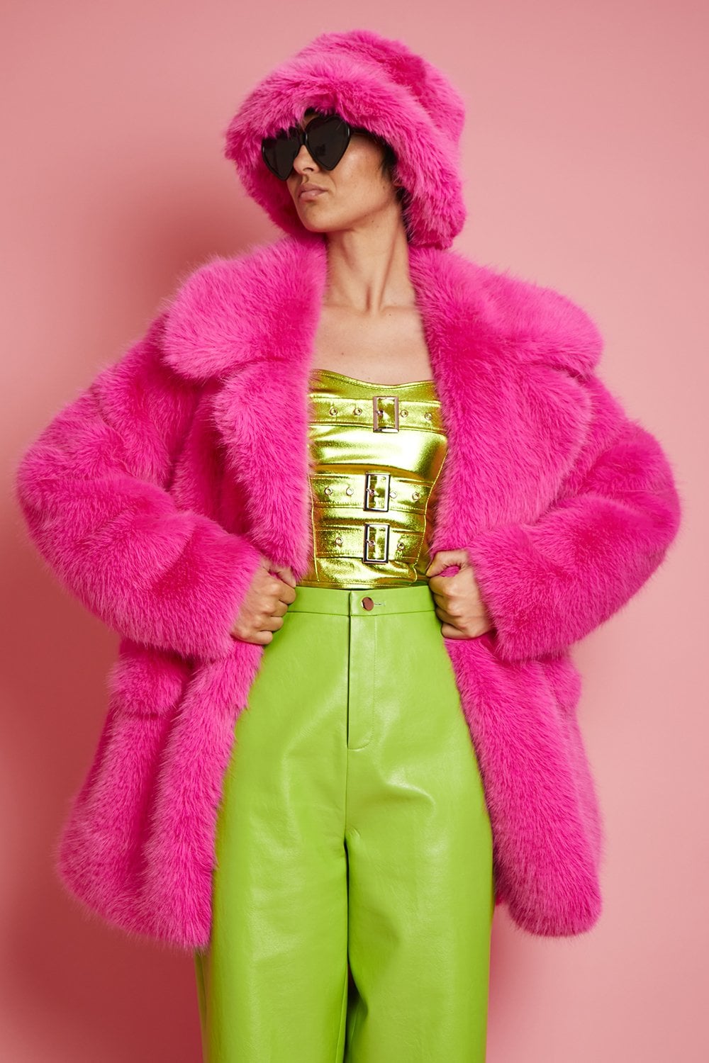 JAYLEY Faux Fur Fuchsia Pink Midi Coat